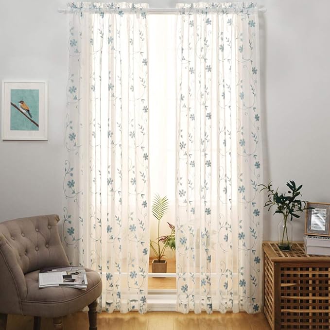 Sheer Curtains Blue 45 Inch Embroidered Floral, Rod Pocket Voile Drapes - Image 2