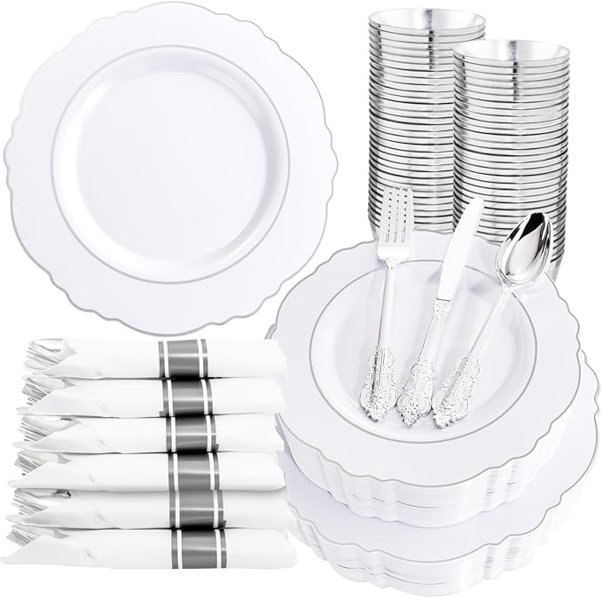 Liacere 350PCS Silver Plastic Plates-Disposable White and Silver Plates 50guest by Liacere