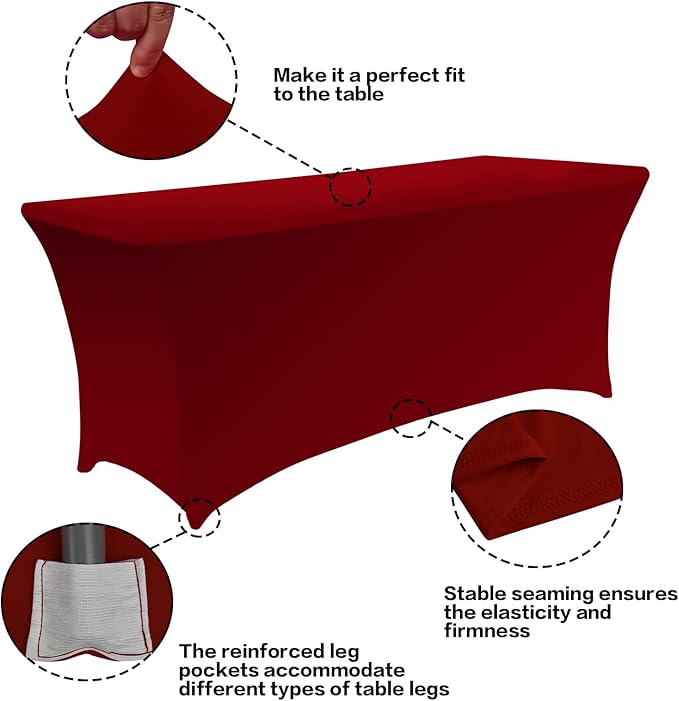 IVAPUPU 2 Pack 4FT Table Cloth for Rectangular Fitted Events Stretch Burgundy - Image 2