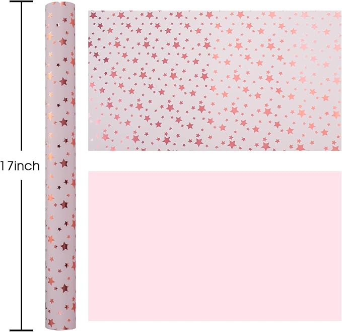 Burymento Gold Foil Five-Pointed Star Wrapping Paper, Reversible Pink Gift Wrap - Image 4
