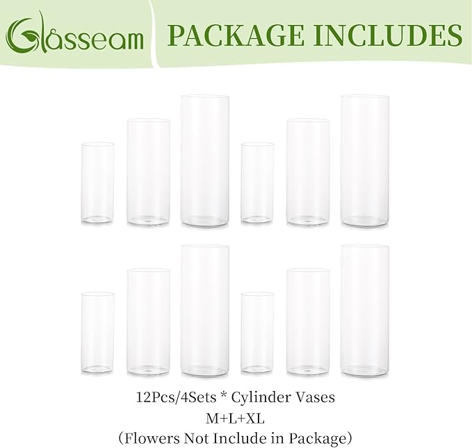 Glasseam Cylinder Vases Set of 12, Hurricane Candle Holder Clear Assorted Sizes - Image 7