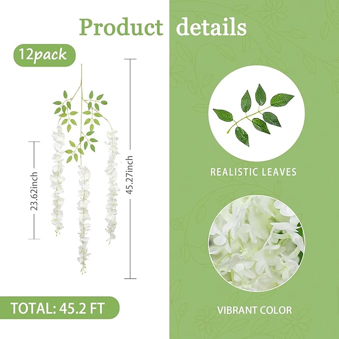 12 Pack White Green Wisteria Hanging Flowers Garland, 3.77 Feet Artificial - Image 3