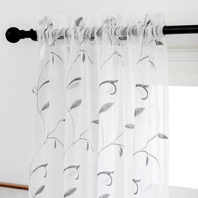 VISIONTEX White Sheer Voile Curtains Loop Embroidered, Decorative Grey Leaves - Image 3