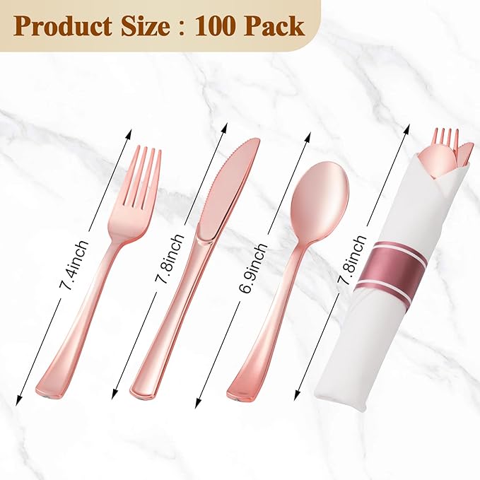 BESTVIP 100 Pack Pre Rolled Rose Gold Plastic Silverware Set, Disposable - Image 3