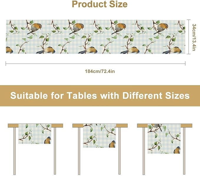 Bird Table Runner, Spring Birds Tree Blue Plaid Print Table Runner - Image 7