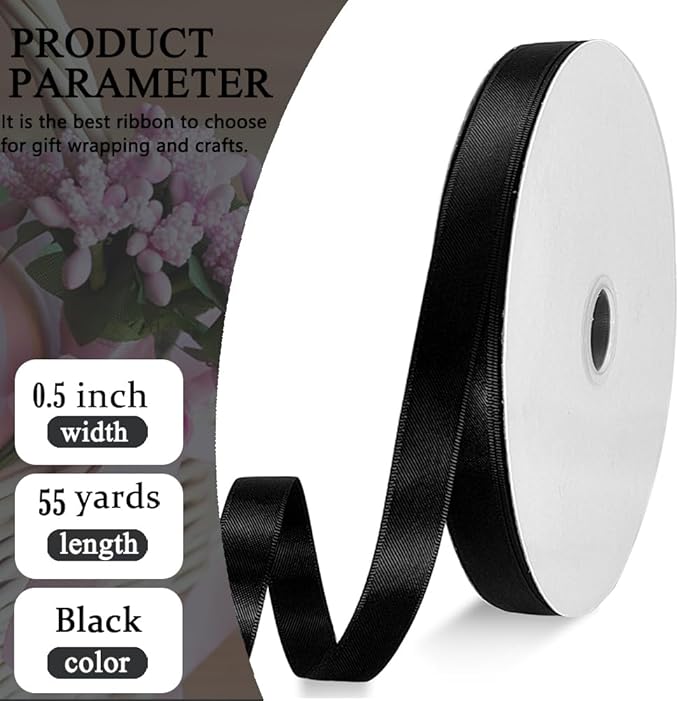 Black Satin Ribbon Double Faced Satin 1/2 inch x 55 Yards Polyester Ribbon - Image 2