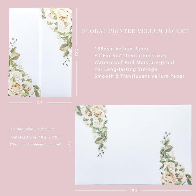 PONATIA 50PCS Vellum Jackets for 5x7 Invitation Cards- 135GSM Champagne Flowers - Image 4