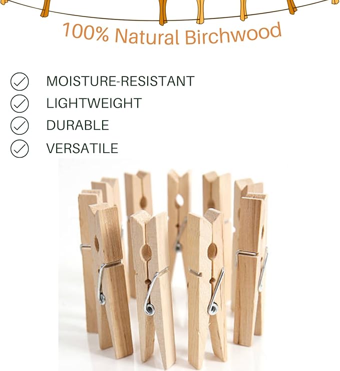Wood Clothes Pin, Natural Birchwood Clothespins, Strong Grip, Heavy Duty - Image 2