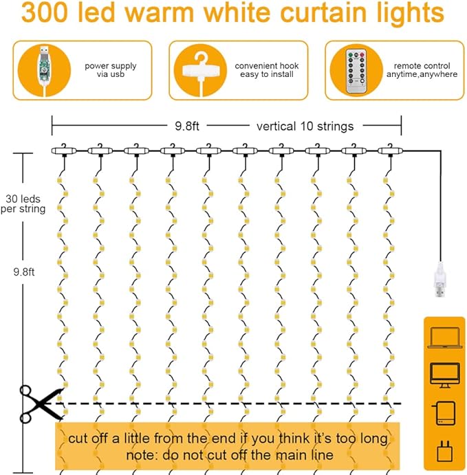 AOMIG Fairy Curtain Lights, 300 LED White Window Curtain String Light, 8 Modes - Image 2