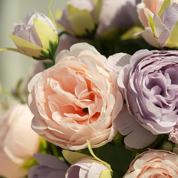 Artificial Peonies Silk Flowers in Glass Vase Faux Flowers Bouquets Modern - Image 3