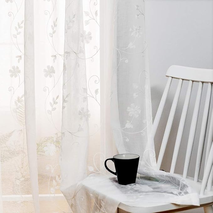 MYSTIC-HOME Embroidery White Sheer Curtains 84 Inches Long, Rod Pocket Sheer - Image 2