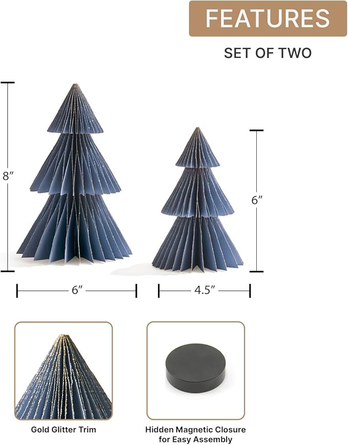 LampLust Winter Ornaments, 2 Pack Dusty Blue Honeycomb Paper Trees, 6 & 8 in - Image 2