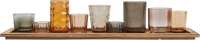 Wood Tray with 9 Brown Glass Votive Holders - Image 9