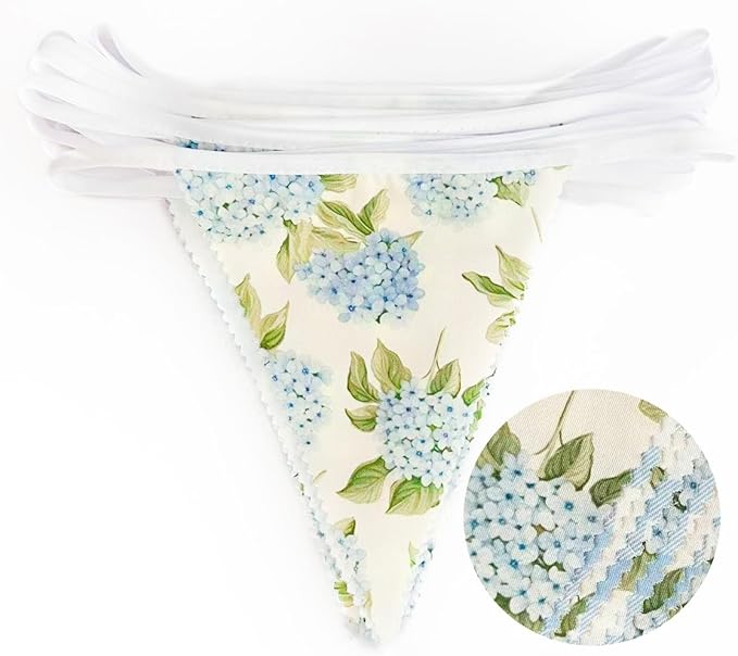 32Ft Blue Flora Party Decorations Blue Gingham HydrangeaTriangle Flag Fabric - Image 2