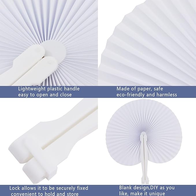ZWIN 60PCS White Wedding Fans Round Folding Paper Fans Plastic Handle Pocket - Image 3