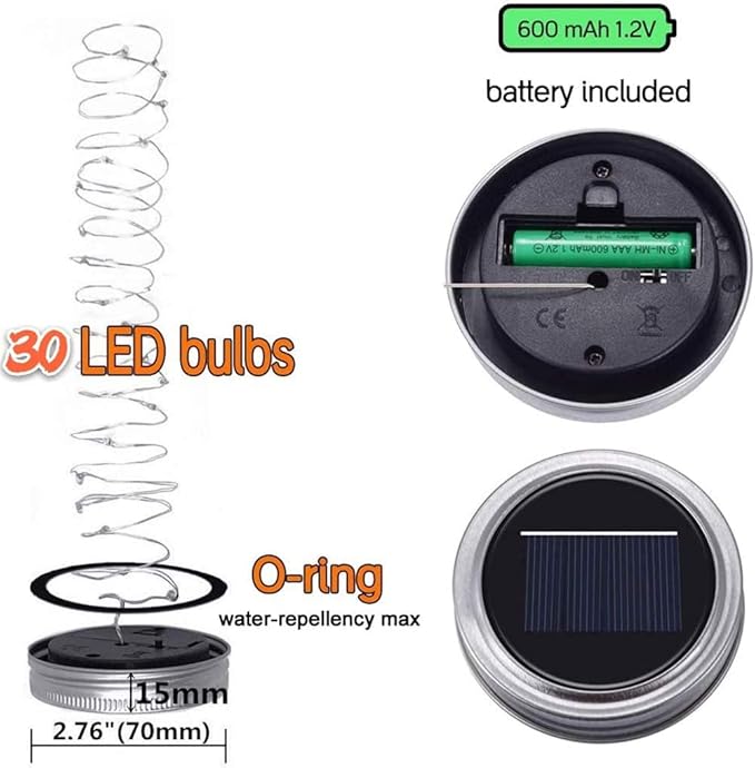 SunKite Solar Mason Jar Lights, 12 Pack 30 LED Waterproof Fairy Firefly Jar - Image 7