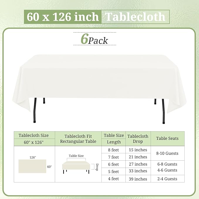 6 Pack Ivory Tablecloths for 8ft Rectangle Tables 60 x 126 Inch - Image 2