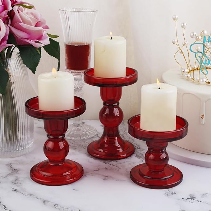 3-Piece Set of Red Glass Candlestick, Crystal Candlestick Holder Holder and - Image 6