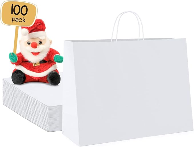 METRONIC Paper Gift Bags 16x6x12'' 100Pcs White Paper Bag by METRONIC