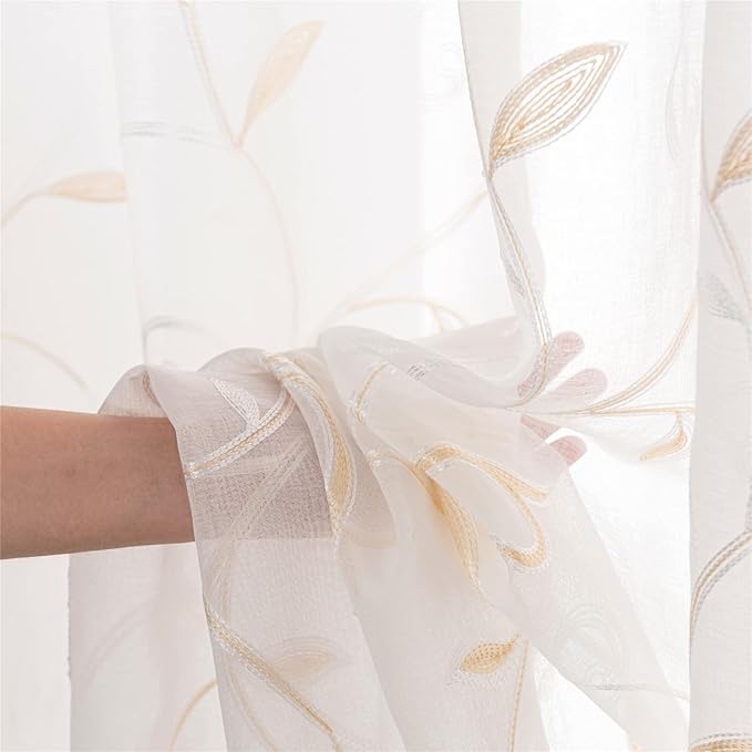 VISIONTEX White Sheer Voile Curtains, Decorative Beige Leaves Embroidery Faux - Image 4