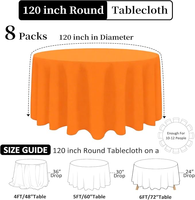 8 Pack Orange Round Tablecloth 120 Inch Stain and Wrinkle Resistant Round - Image 2