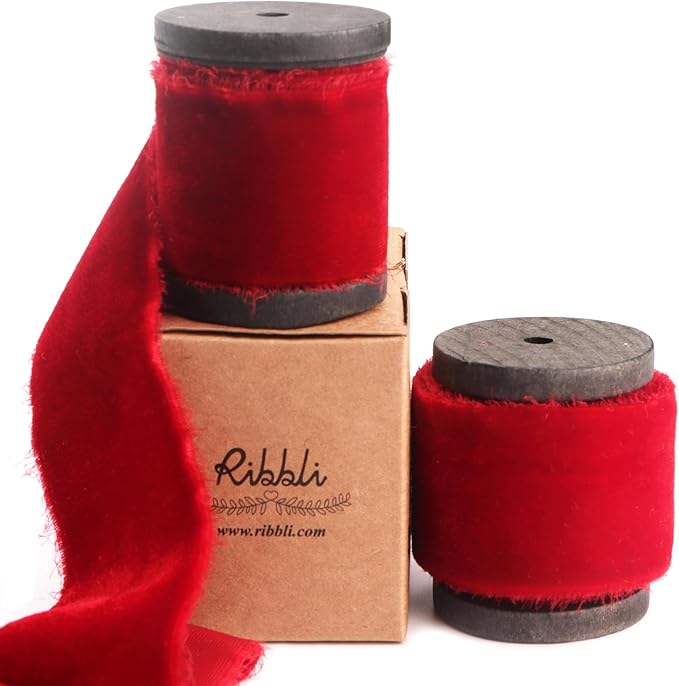 Ribbli Red Velvet Ribbon 1.5 Inch Handmade Frayed Vintage Christmas Ribbon by Ribbli