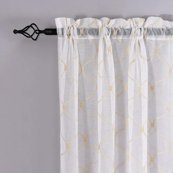MYSTIC-HOME Embroidery Gold Sheer Curtains 84 Inches Long, Rod Pocket Sheer - Image 4