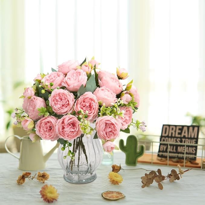Artificial Peonies Silk Flowers in Glass Vase Faux Flowers Bouquets Modern - Image 6