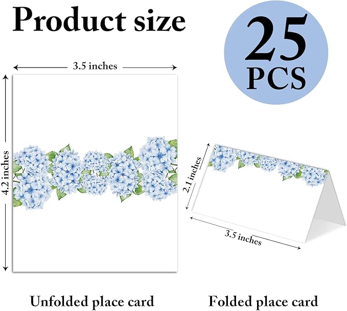 25 Pack Blue Floral Place Cards, Editable Name Cards - Image 2