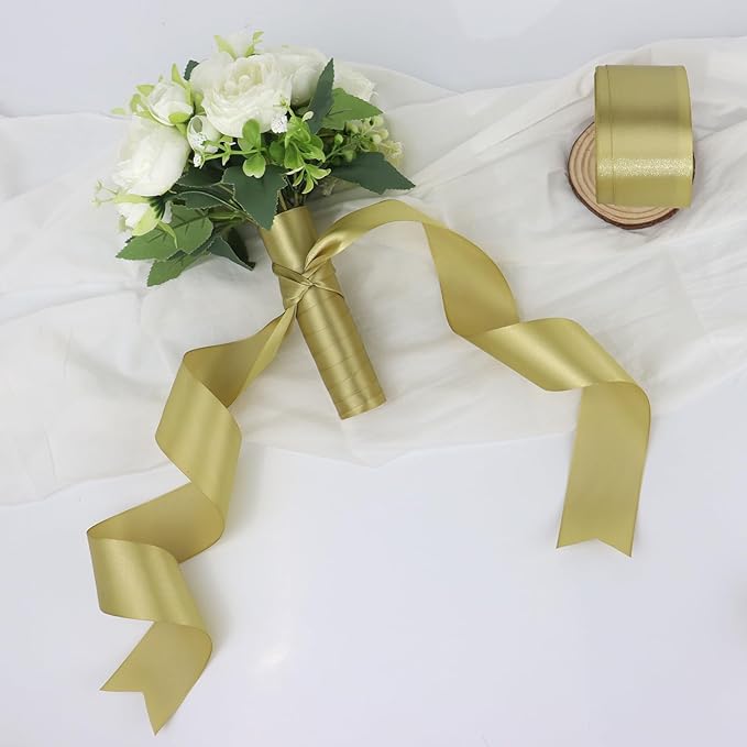 Champagne Gold Solid Satin Ribbon 2 Inch 25 Yards Solid Polyester Fabric Ribbon - Image 6