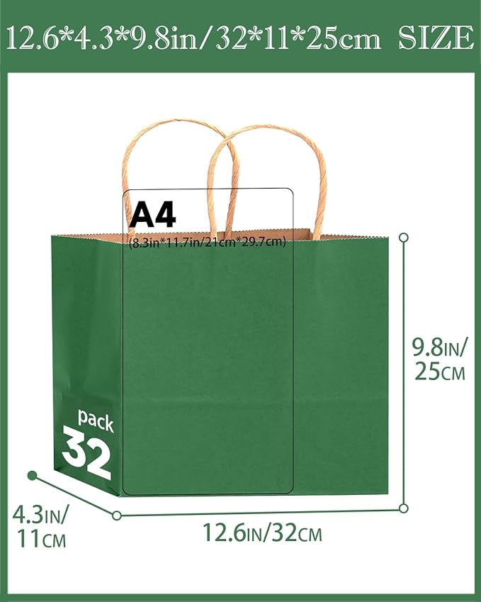 qiqee 50-Packs Kraft Deep Green Paper Gift Bags - Image 3