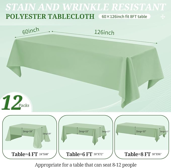 12 Pack Sage Green Tablecloths for Rectangle Tables 60 x 126 Inch Sage Green - Image 2