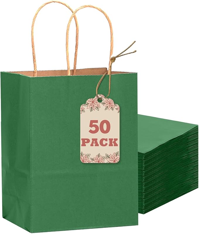 qiqee 50-Packs Gift Bag with Handles Bulk Kraft Deep Green Paper Bags Multiple by Qiqee
