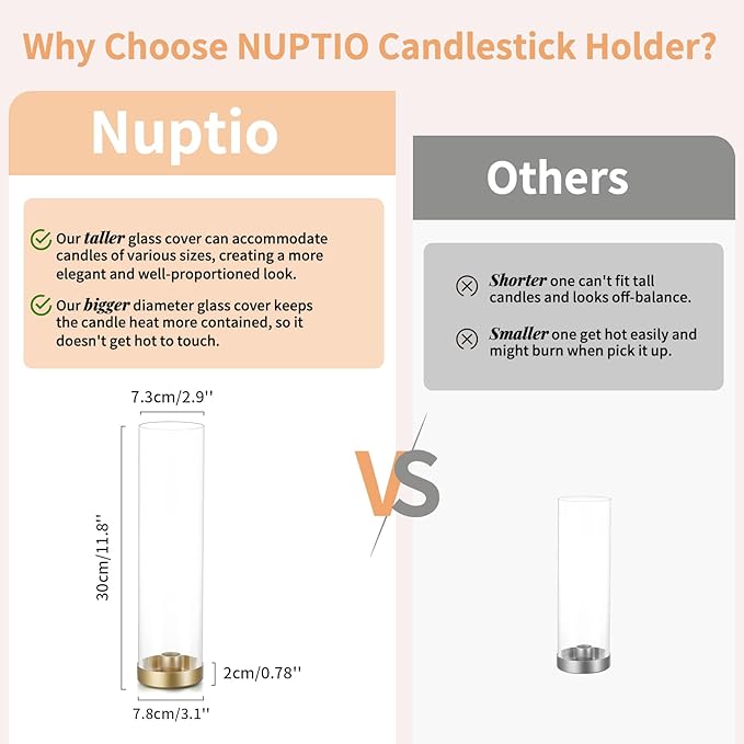 NUPTIO Gold Taper Candle Holders: 2 Pcs Hurricane Metal Candlestick Holder Stand - Image 3