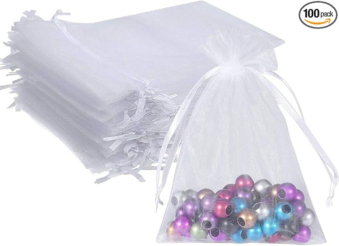 Wudygirl 100pcs 5X7 Inches White Organza Bags Christmas Drawstring Pouches by Wudygirl