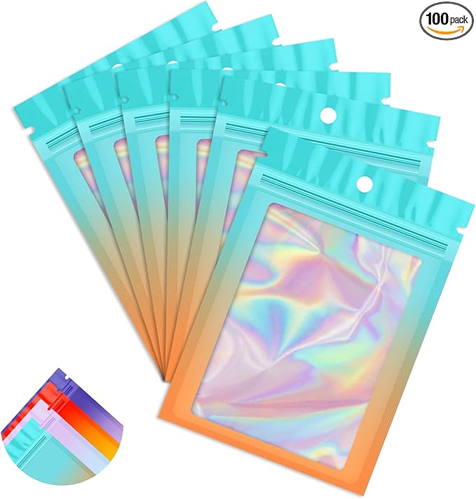 Funfery 100 Pack Gradient Holographic Bags, Mylar Resealable Bag by FUNFERY