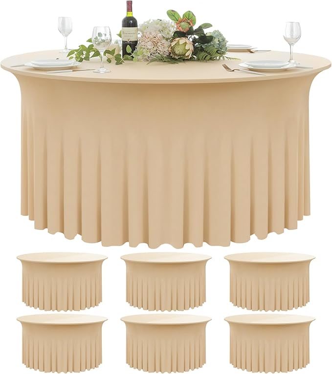 6 Pack Champagne Round Spandex Tablecloth 60 Inch, Wrinkle Free Stretch 120 by Nobed+HHT