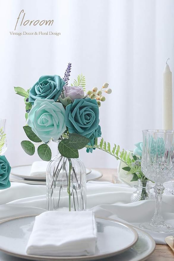 Floroom Artificial Flowers 25pcs Real Looking Robin's Egg Blue Foam Fake Roses - Image 3