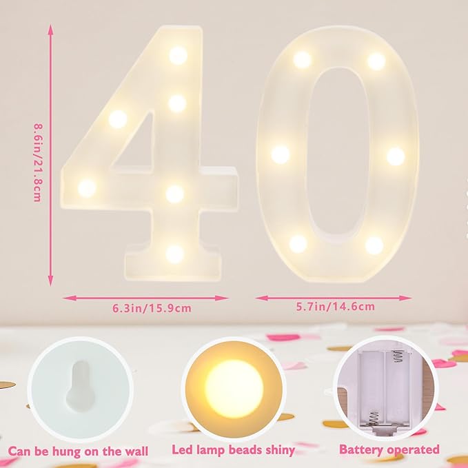 Decorative Led Light Up Numbers, 40th Birthday Decorations, Warm White Led - Image 2