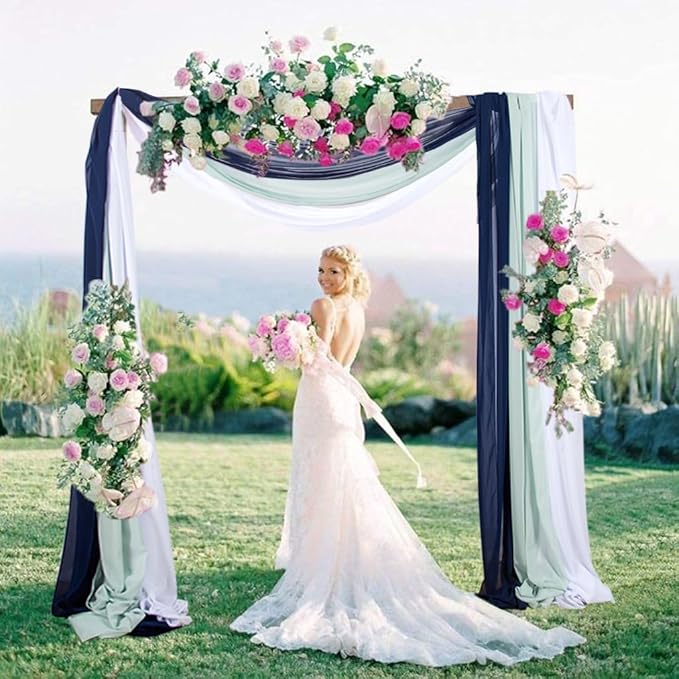 3 Panels 20Ft Chiffon Wedding Arch Drapes Navy Sheer Ceiling Drapes Romance by CHHEART
