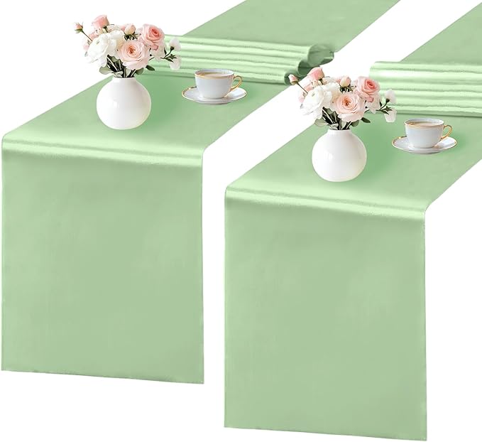 2 Pack Sage Green Satin Table Runner 12x108 Inches Long, Bright Silky Smooth by SHEJIZE