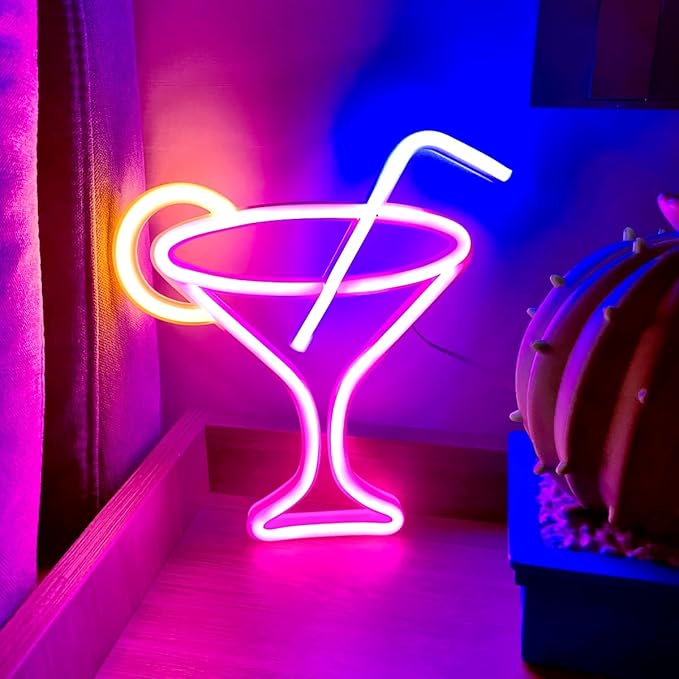 Cocktails Pink Neon Sign, Led Wine Glass Neon Light Battery and USB Dual - Image 2