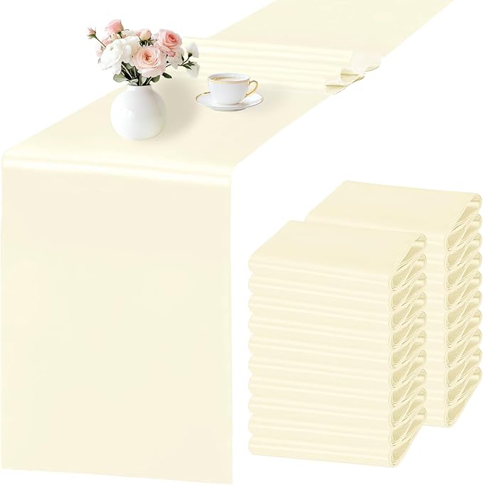 SHEJIZE 20 Pack White Satin Table Runner 12x108 Inches Long, Bright Silky by SHEJIZE