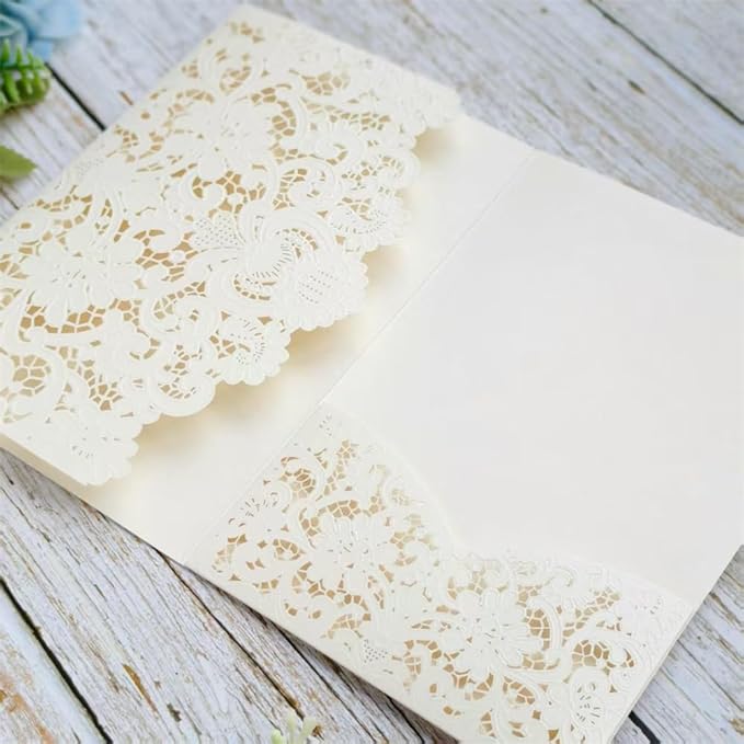 MillaSaw Ivory Embossed Laser Cut Invitation Pocket Envelope, Floral Engraved - Image 2
