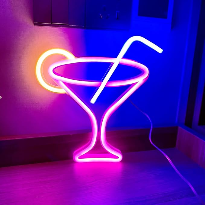 Cocktails Pink Neon Sign, Led Wine Glass Neon Light Battery and USB Dual by HFHungkeong