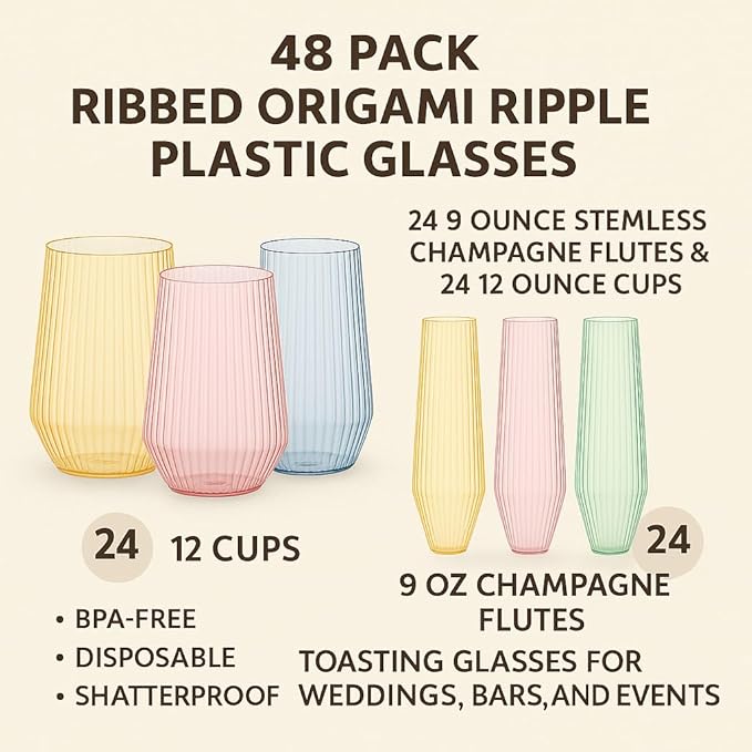 48 Pack Ribbed Origami Ripple Plastic Glasses 24 9oz Stemless Champagne Flutes - Image 3