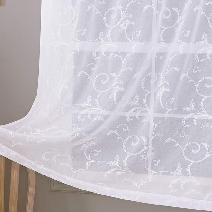 Floral Embroidery Sheer Curtains White 84 Inch Length, Rod Pocket Vintage Voile by MYSTIC-HOME