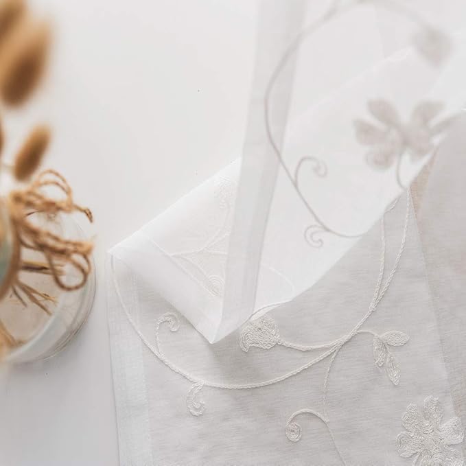 MYSTIC-HOME Embroidery White Sheer Curtains 84 Inches Long, Rod Pocket Sheer - Image 5
