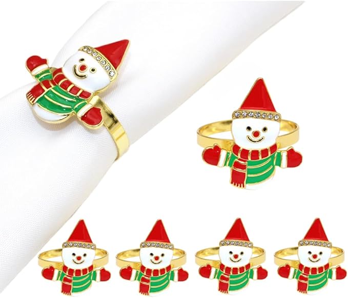 Snowman Napkin Rings Set of 6, Christmas Party Napkin Holder Buckles, by Unknown