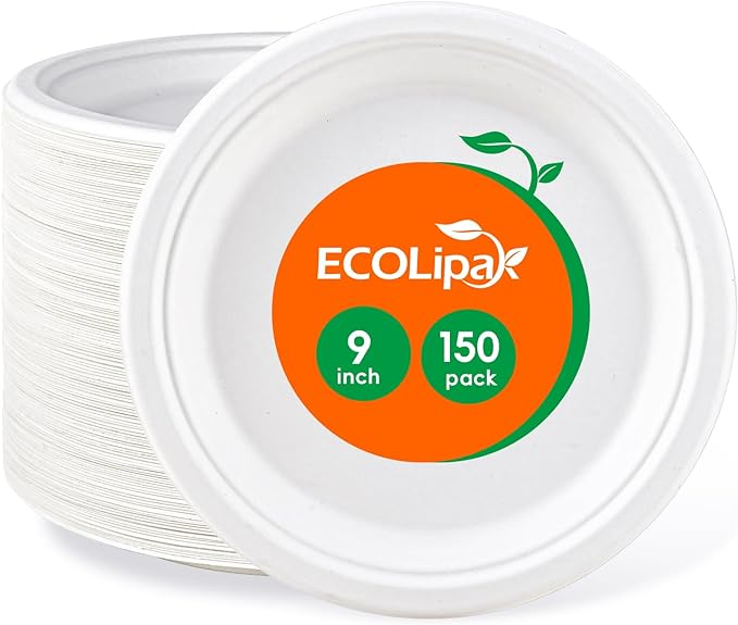 ECOLipak 9 inch 150 Pack Compostable Paper Plates, Heavy Duty Disposable by ECOLipak